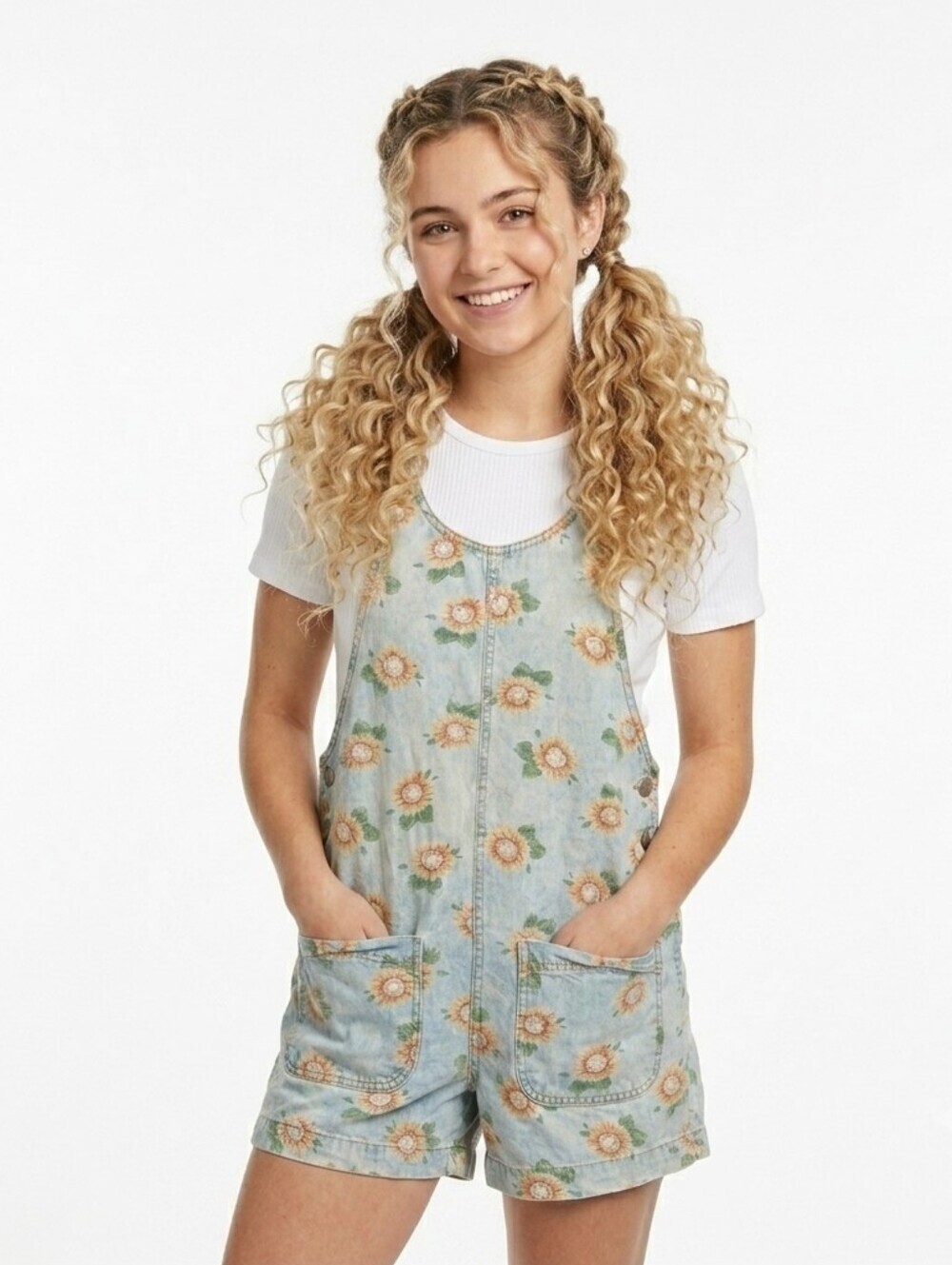 London London Vintage 90s Sunflower Denim Shortalls Overalls Distressed /Flaws